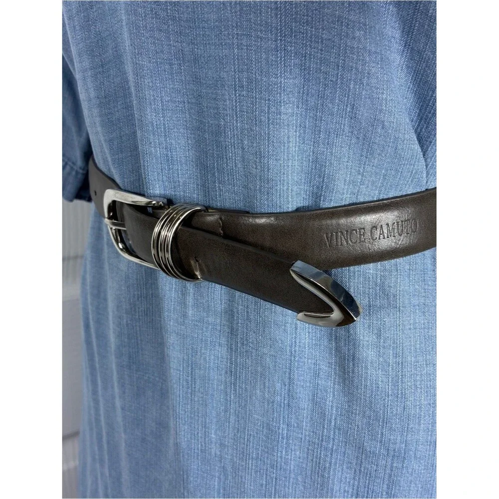 Womens belt Vince Camuto 40” long gray leather silver buckle plus triple ring
